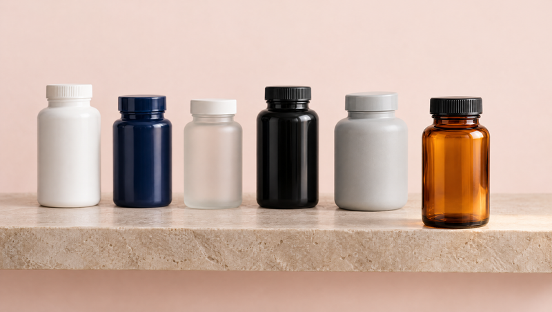Six unlabeled supplement bottles in a row on a stone shelf