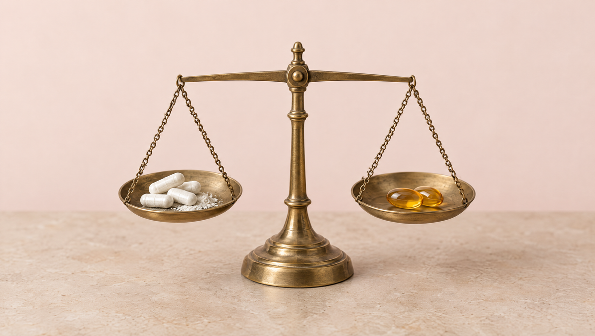 A brass balance scale weighing white capsules against two amber softgels