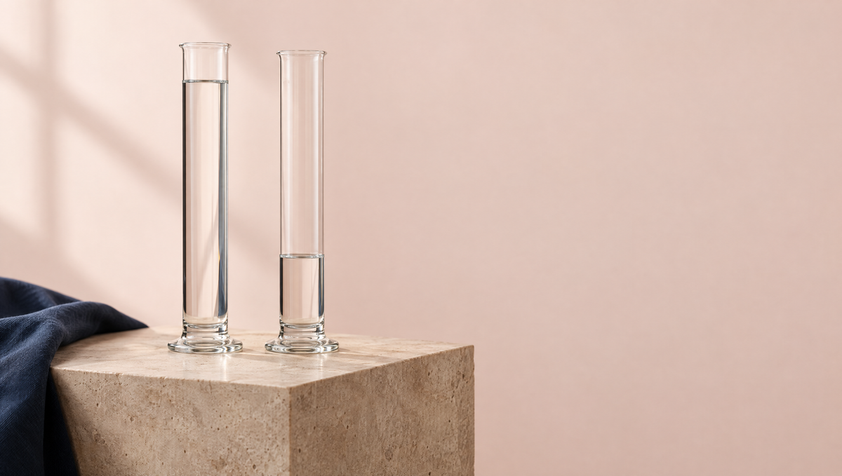 Two glass measuring cylinders, one nearly full and one a quarter full, on a stone plinth