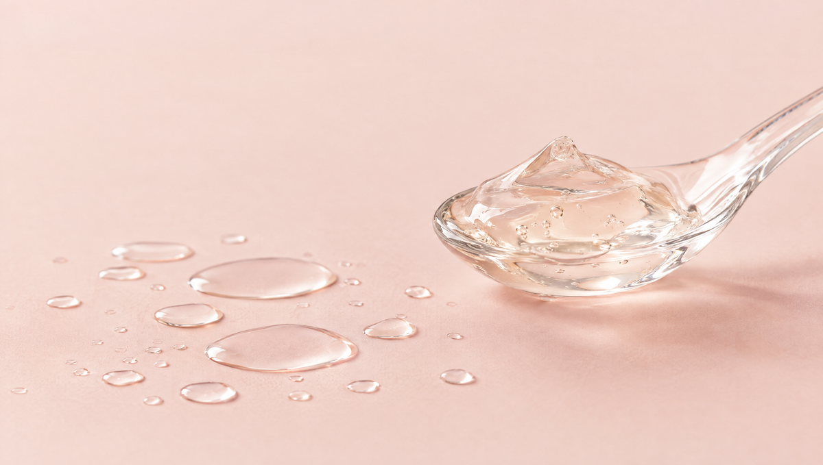 Thin water droplets beside a glass spoon holding a thick clear gel
