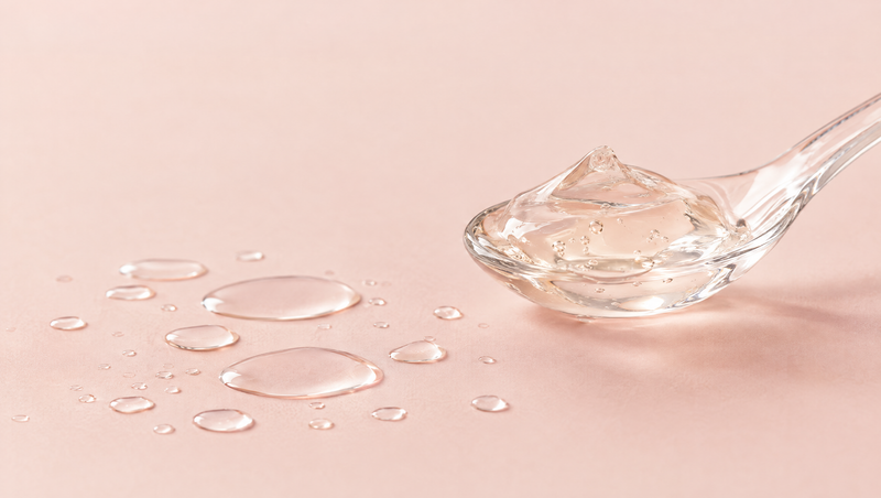Thin water droplets beside a glass spoon holding a thick clear gel