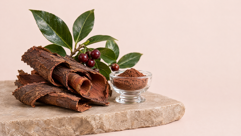 Pygeum (African cherry) bark, leaves and fruit with a dish of bark powder