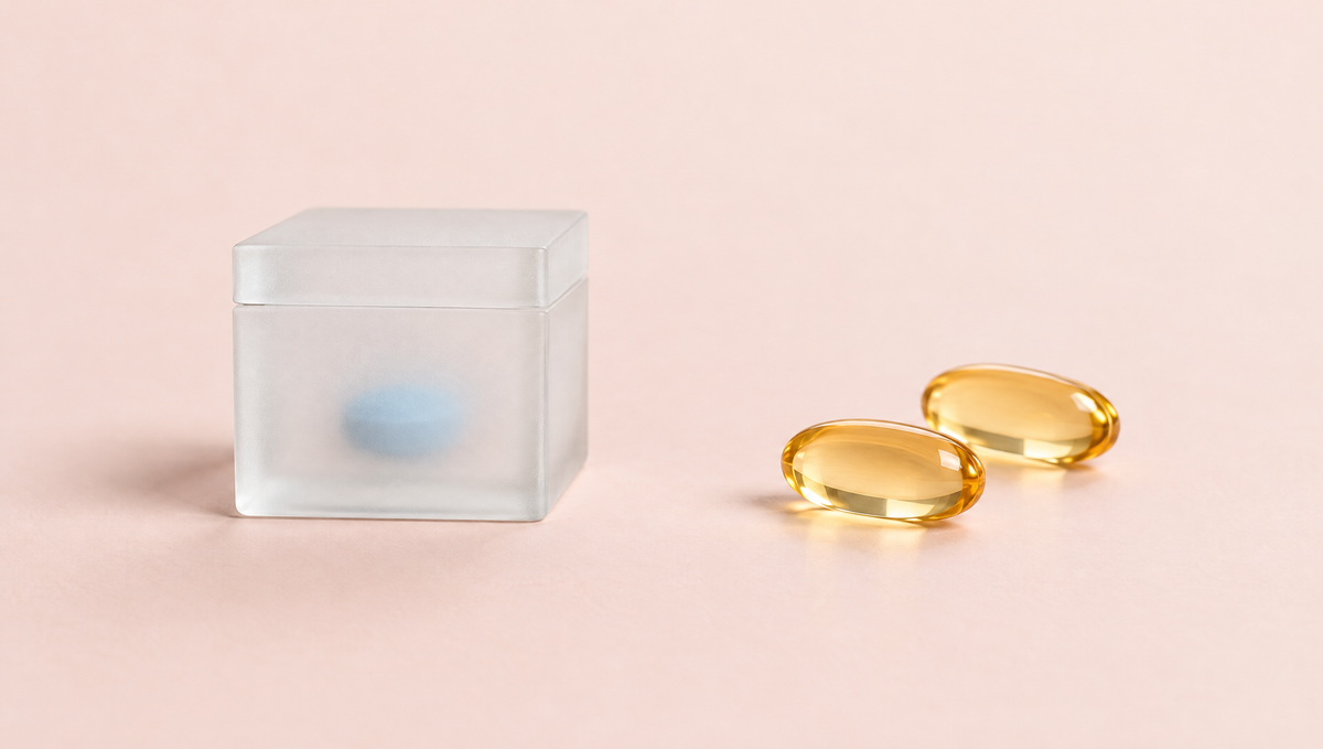 A tablet hidden in a frosted box next to two clear amber softgels