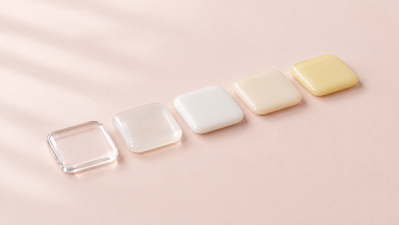 Five glass swatches graduating from clear to white to pale yellow