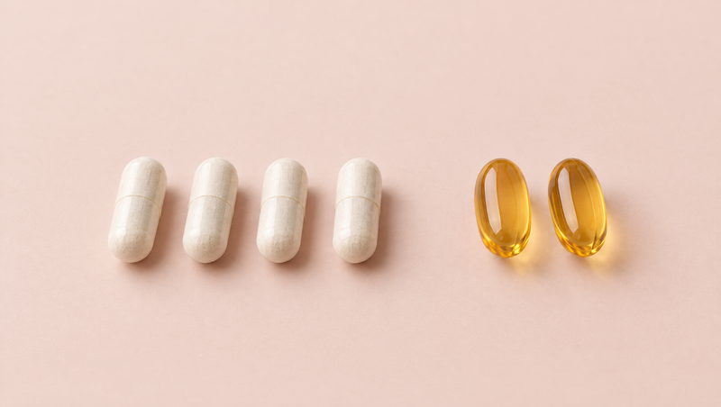 Four white capsules next to two amber softgels