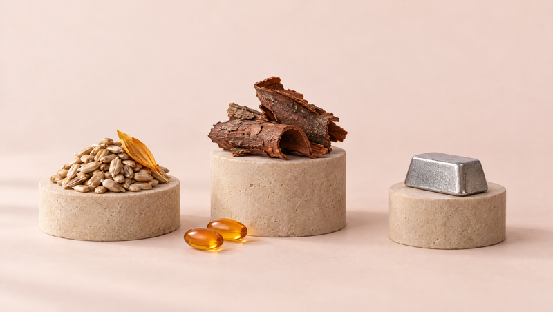 Sunflower seeds, pygeum bark and a zinc ingot on stone plinths beside two softgels