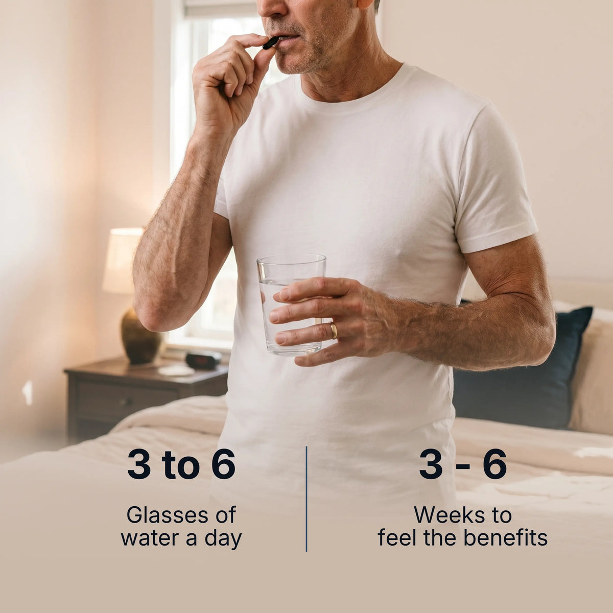 Man taking a softgel with a glass of water