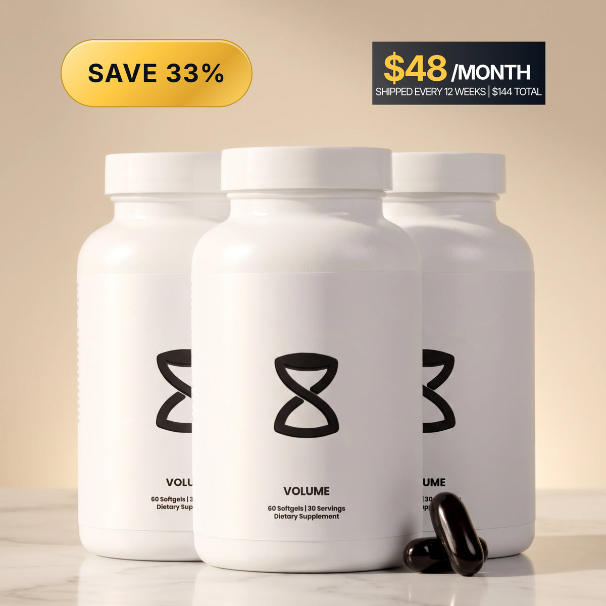 Three bottles of The Holy Grail of Volume with two black softgels: 33% off, $48/month on the 90-Day plan