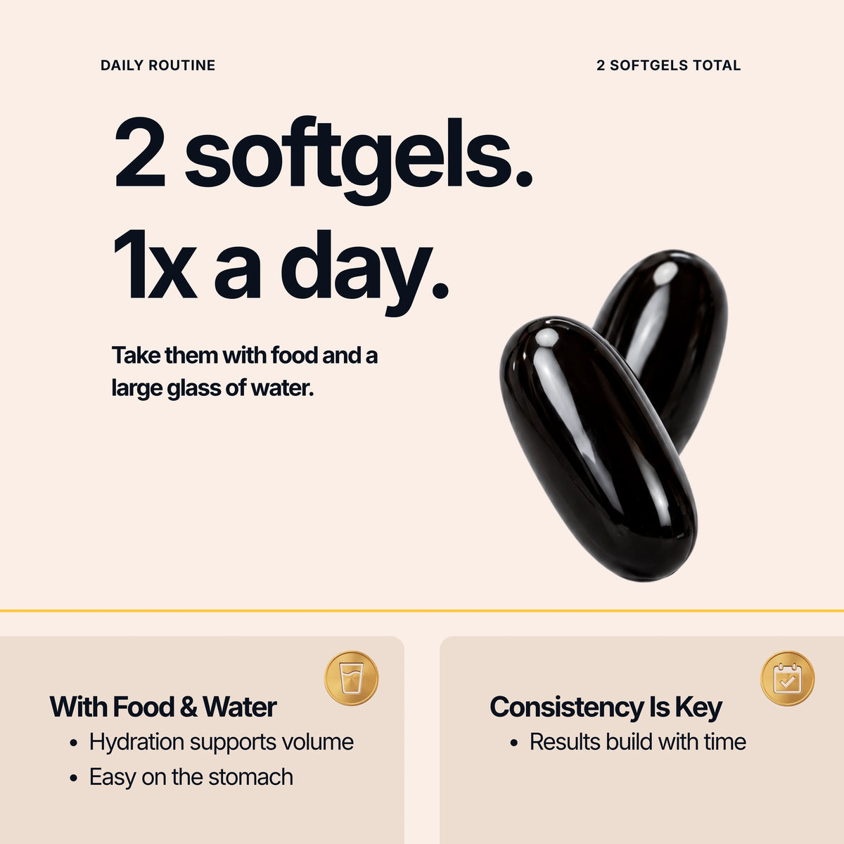 Daily routine: 2 black softgels once a day, taken with food and a large glass of water