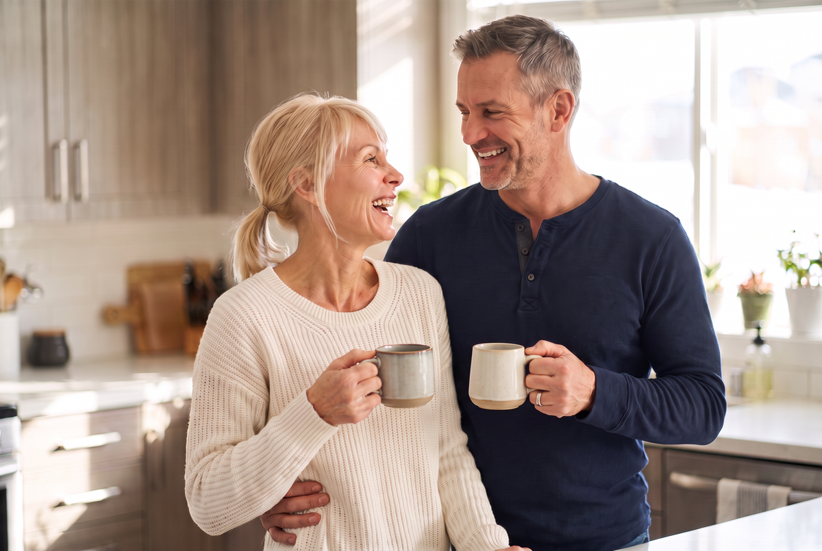 Lauren and her husband laughing over coffee in the kitchen