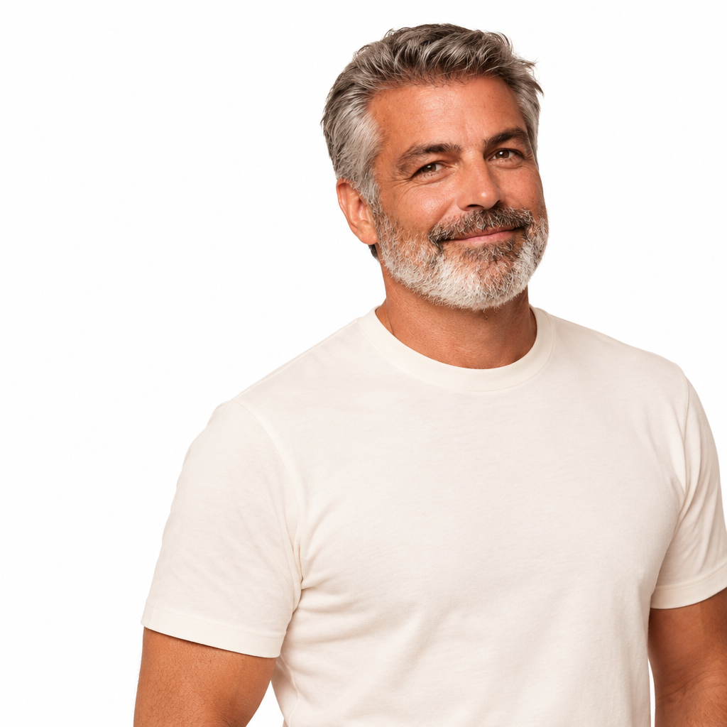 Man in his fifties in a cream t-shirt, smiling